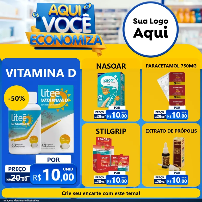 Modelo de Rede Social para Feed Facebook com o tema Aqui Você Economiza para Farmácia