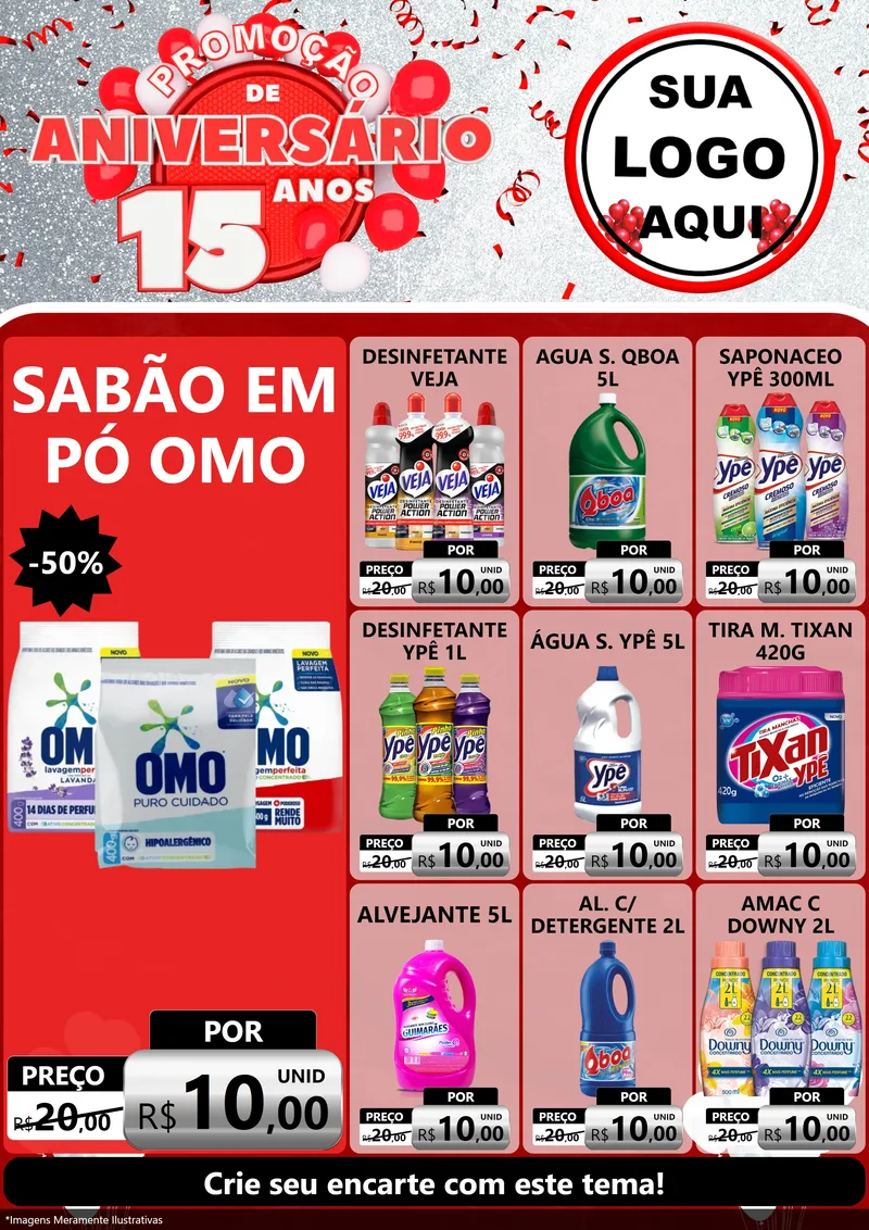 Modelo de Encarte para Encarte A4 Vertical com o tema Promoção de Aniversário - 15 Anos para Produtos de Limpeza