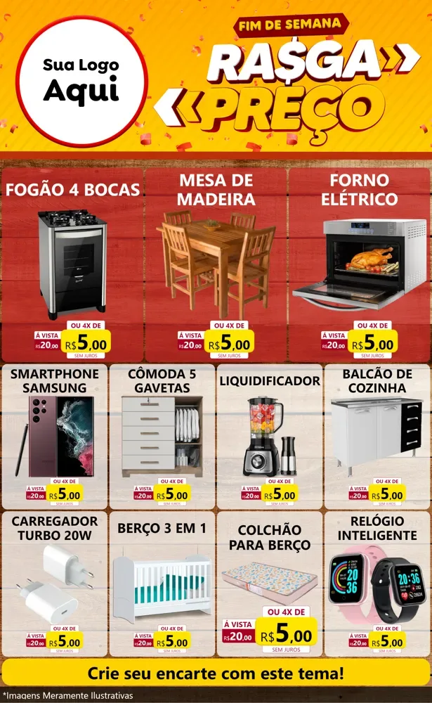 Modelo de Encarte para Encarte Grande com o tema Fim de Semana Rasga Preços para Móveis e Eletro