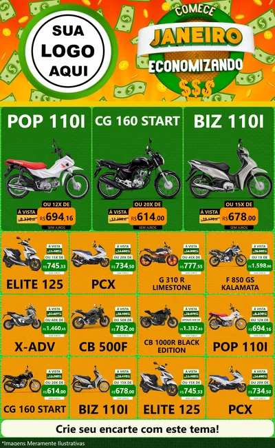 Modelo de Encarte para Encarte Grande com o tema Comece Janeiro Economizando para Concessionaria de Motos