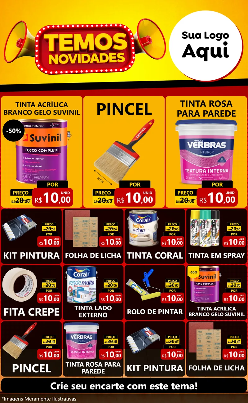 Modelo de Encarte para Encarte Grande com o tema Temos Novidades para Tintas e Ferramentas