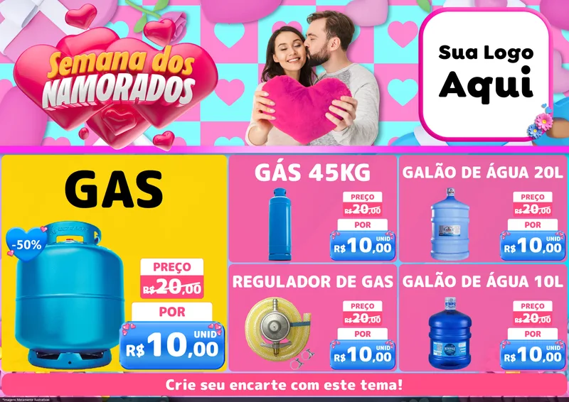 Modelo de Encarte para Encarte A4 Horizontal com o tema Semana dos Namorados para Água e gás