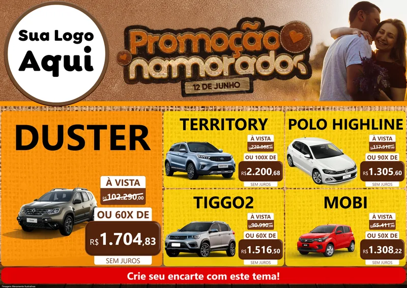 Modelo de Encarte para Encarte A4 Horizontal com o tema Promoção Namorados para Concessionaria de Carros