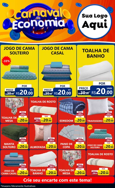 Modelo de Encarte para Encarte Grande com o tema Carnaval da Economia para Cama, Mesa e Banho
