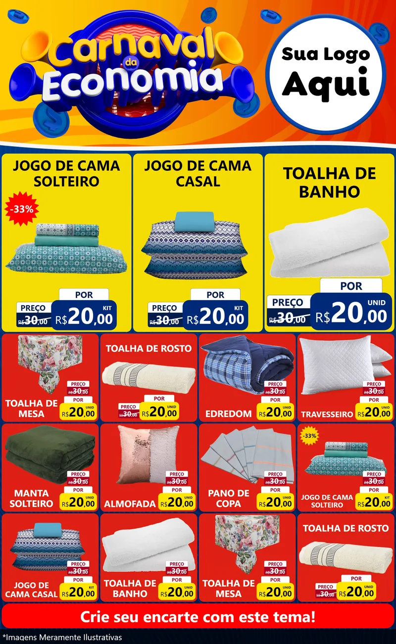 Modelo de Encarte para Encarte Grande com o tema Carnaval da Economia para Cama, Mesa e Banho