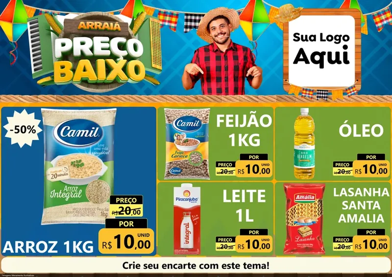 Modelo de Encarte para Encarte A4 Horizontal com o tema Arraiá de Preço Baixo - Junina para Supermercado