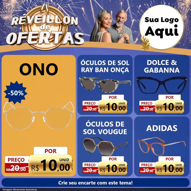 Modelo de Rede Social para Feed Facebook com o tema Réveillon de Ofertas para Óticas