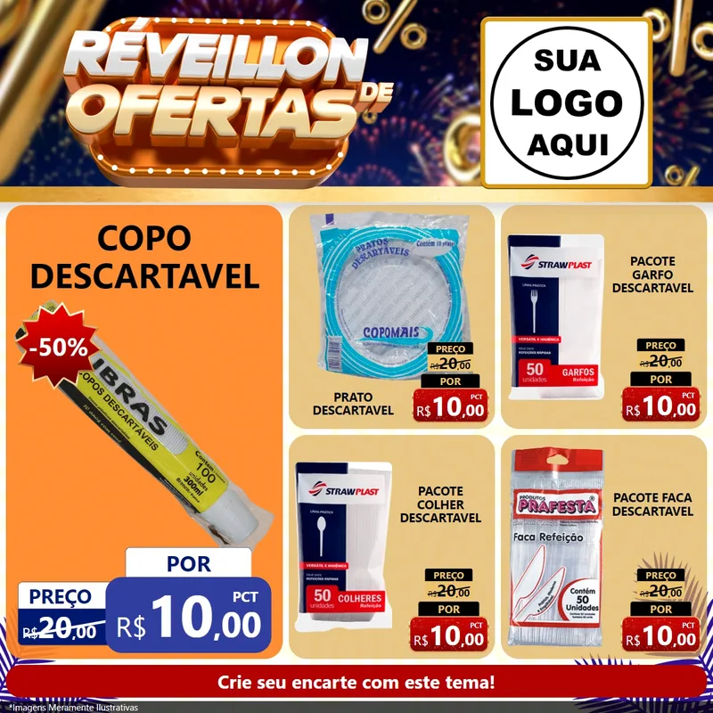 Modelo de Rede Social para Feed Facebook com o tema Réveillon de Ofertas para Embalagens