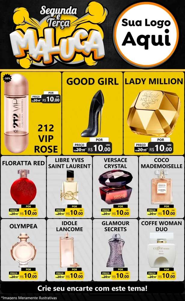 Modelo de Encarte para Encarte Grande com o tema Segunda e Terça Maluca para Perfumes