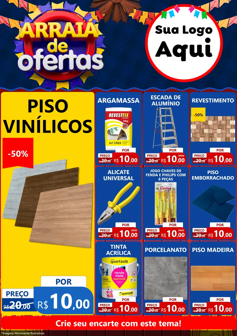 Modelo de Encarte para Encarte A4 Vertical com o tema Arraiá de Ofertas para Material para Construção