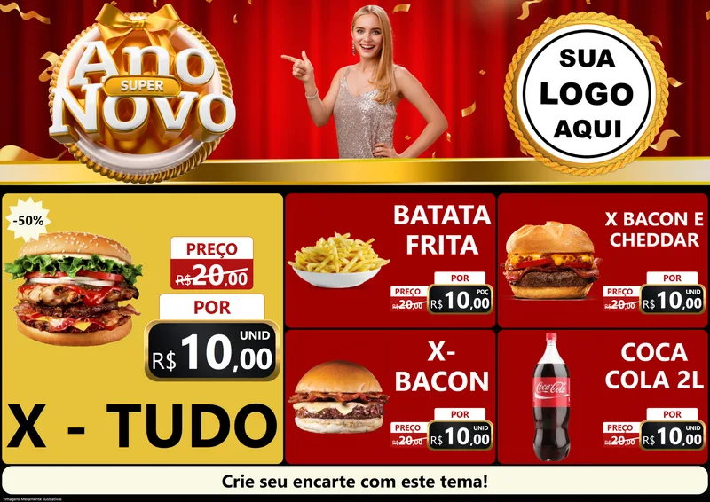 Modelo de Encarte para Encarte A4 Horizontal com o tema Super Ano Novo para Hamburgueria