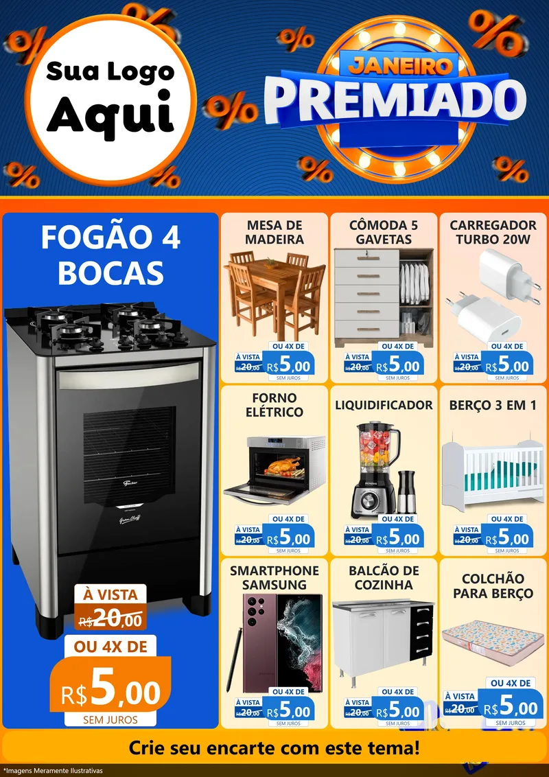 Modelo de Encarte para Encarte A4 Vertical com o tema Janeiro Premiado para Móveis e Eletro