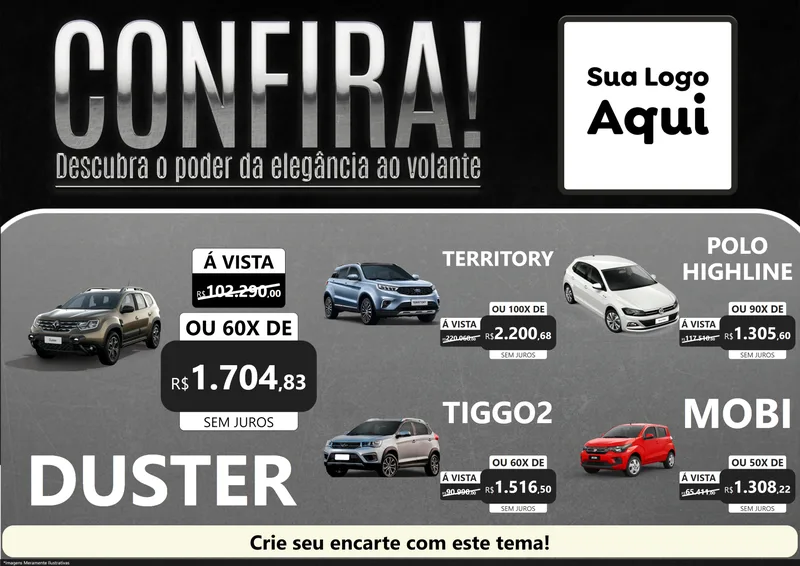 Modelo de Encarte para Encarte A4 Horizontal com o tema Confira! Descubra o poder da elegância ao volante. para Concessionaria de Carros