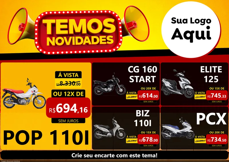Modelo de Encarte para Encarte A4 Horizontal com o tema Temos Novidades para Concessionaria de Motos
