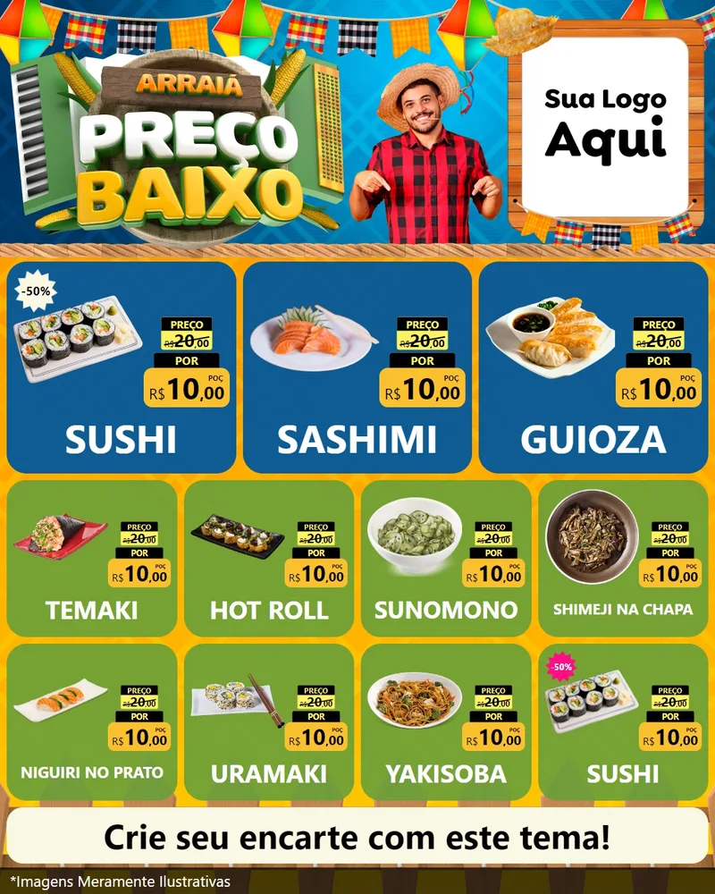 Modelo de Rede Social para Feed Instagram com o tema Arraiá de Preço Baixo - Junina para Comida japonesa