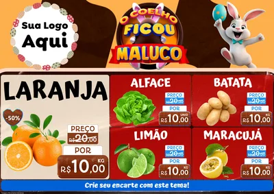 Modelo de Encarte para Encarte A4 Horizontal com o tema O Coelho Ficou Maluco - Páscoa para Hortifrúti