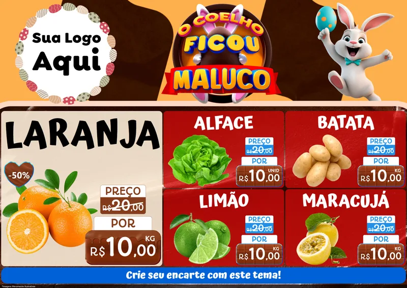 Modelo de Encarte para Encarte A4 Horizontal com o tema O Coelho Ficou Maluco - Páscoa para Hortifrúti