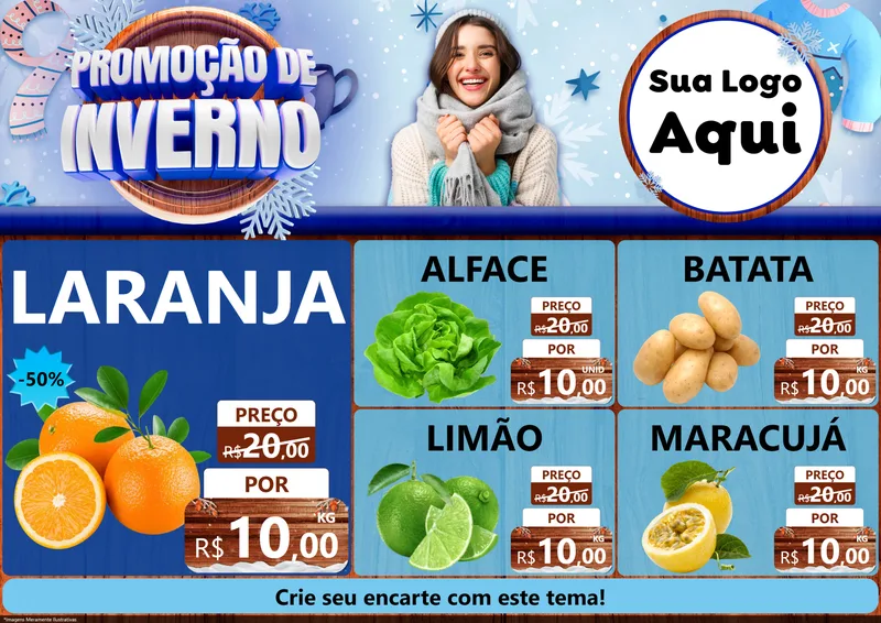 Modelo de Encarte para Encarte A4 Horizontal com o tema Promoção de Inverno para Hortifrúti
