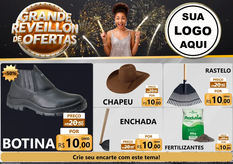 Modelo de Encarte para Encarte A4 Horizontal com o tema Grande Réveillon de Ofertas para Agropecuária
