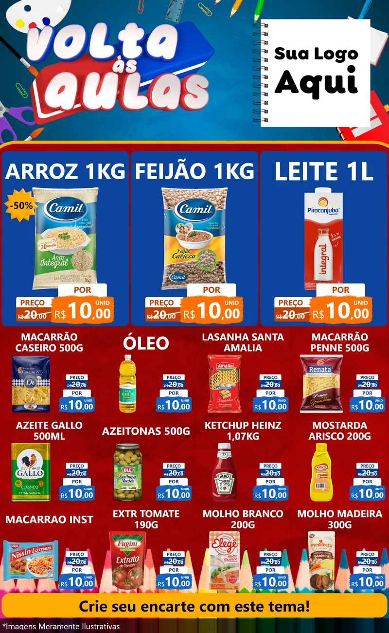 Modelo de Encarte para Encarte Grande com o tema Volta Às Aulas para Supermercado