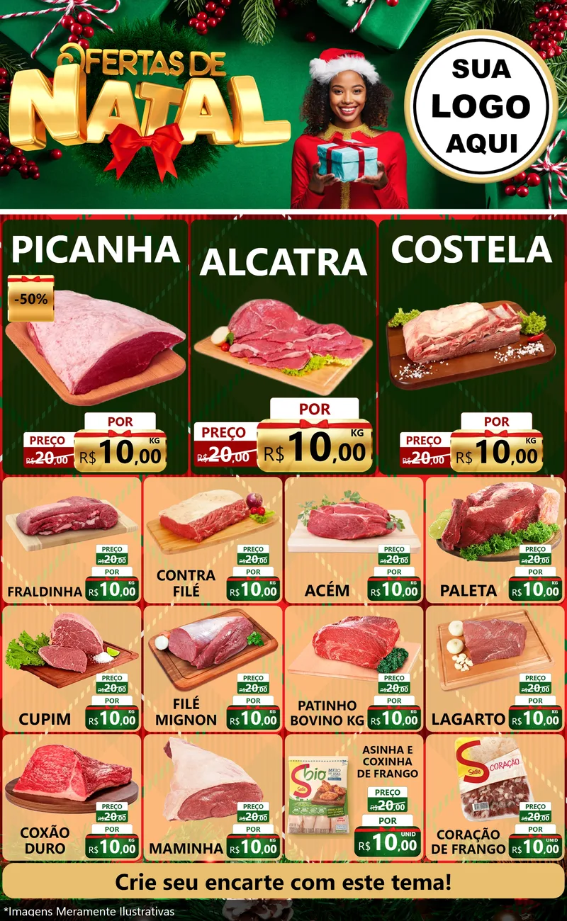 Modelo de Encarte para Encarte Grande com o tema Ofertas de Natal para Açougue