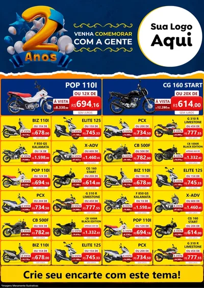 Modelo de Encarte para Encarte A4 Vertical com o tema Aniversário de 2 anos para Concessionaria de Motos
