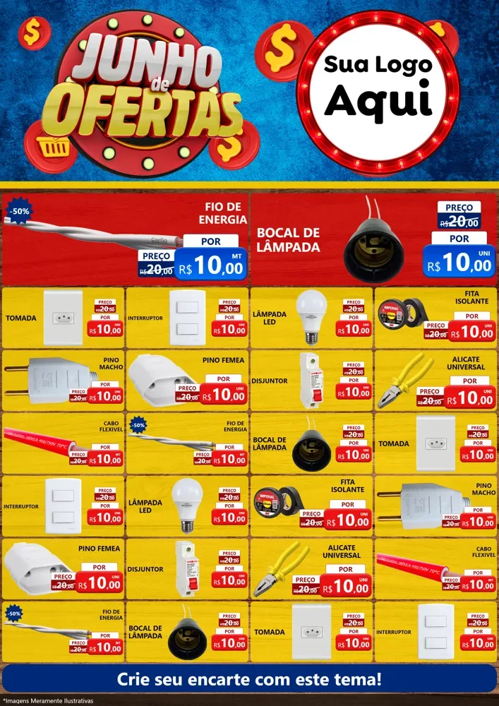 Modelo de Encarte para Encarte A4 Vertical com o tema Junho de Ofertas para Materiais Elétricos