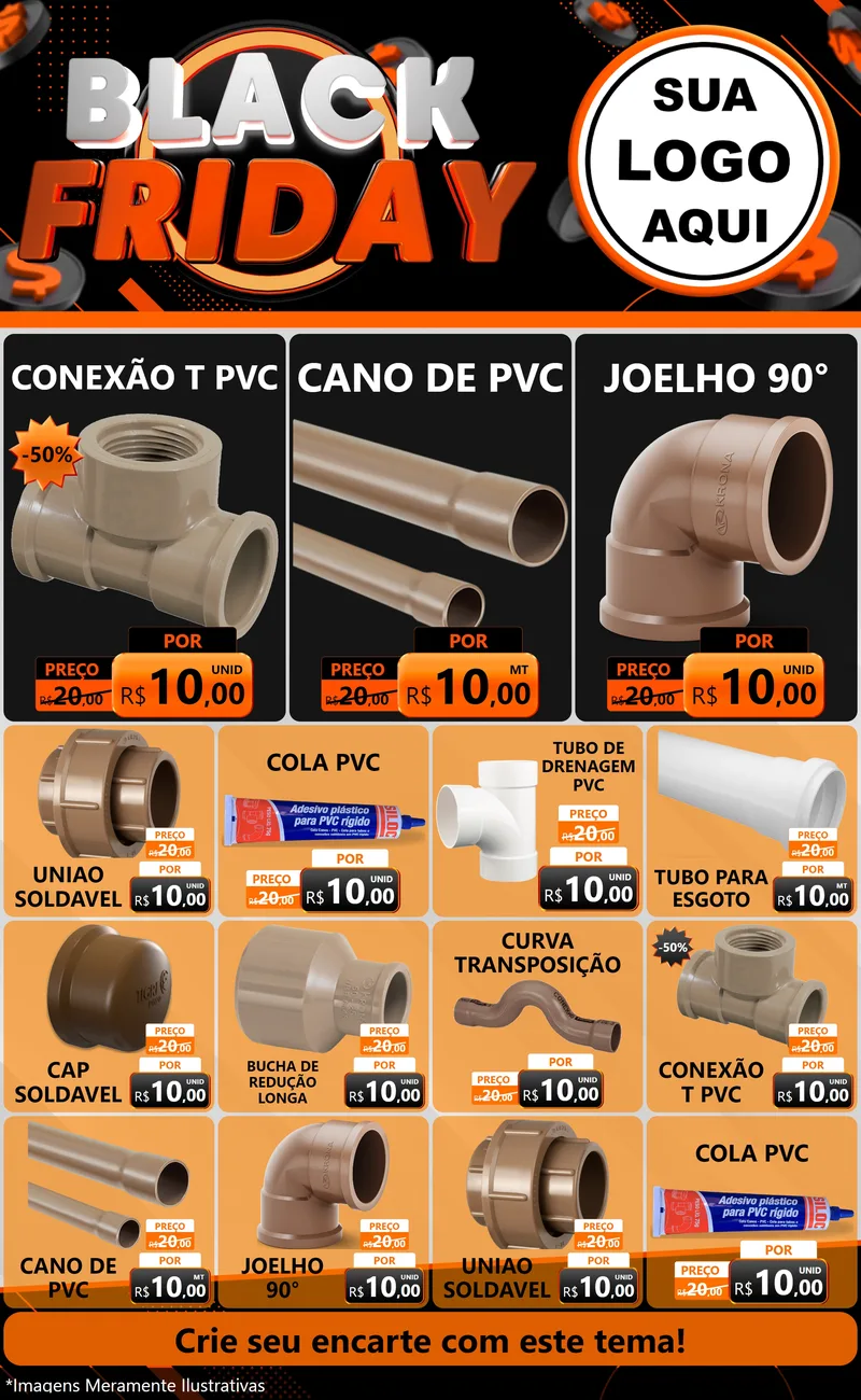 Modelo de Encarte para Encarte Grande com o tema Black Friday para Tubos e conexões