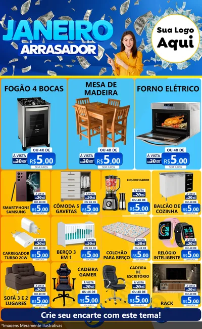 Modelo de Encarte para Encarte Grande com o tema Janeiro Arrasador para Móveis e Eletro