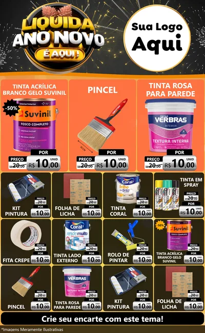 Modelo de Encarte para Encarte Grande com o tema Liquida Ano Novo É Aqui! para Tintas e Ferramentas