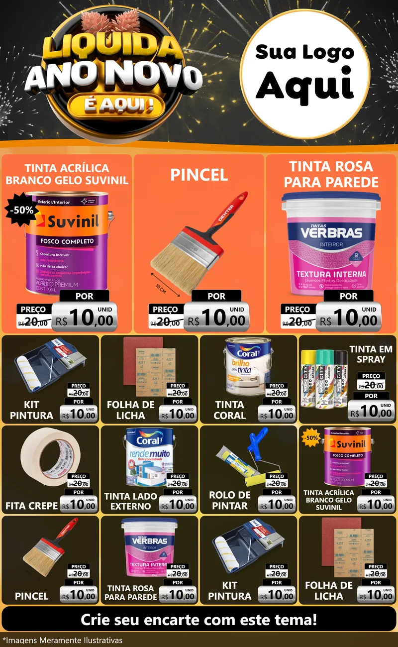 Modelo de Encarte para Encarte Grande com o tema Liquida Ano Novo É Aqui! para Tintas e Ferramentas
