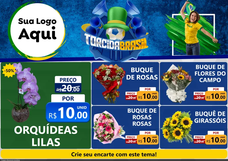 Modelo de Encarte para Encarte A4 Horizontal com o tema Torcida Brasil - Copa para Floricultura e jardim