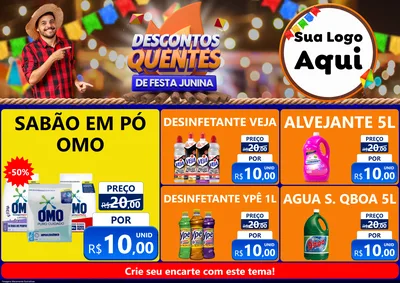 Modelo de Encarte para Encarte A4 Horizontal com o tema Descontos Quentes de Festa Junina para Produtos de Limpeza