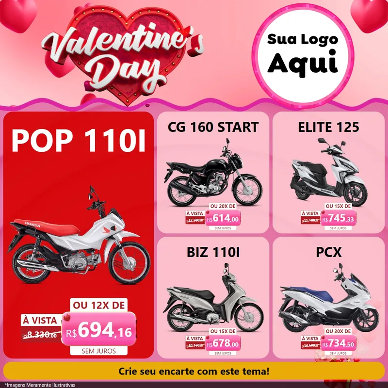 Modelo de Rede Social para Feed Facebook com o tema Valentine's Day para Concessionaria de Motos