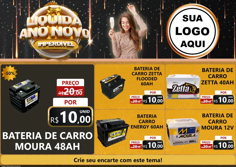 Modelo de Encarte para Encarte A4 Horizontal com o tema Liquida Ano Novo Imperdível para Baterias Elétricas