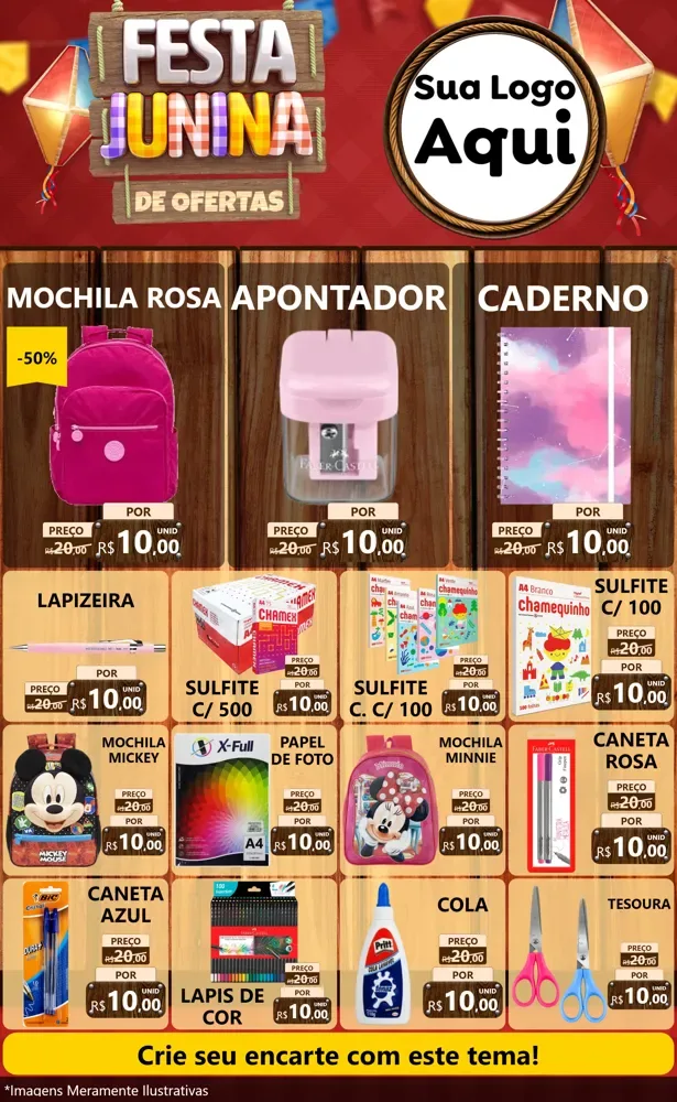 Modelo de Encarte para Encarte Grande com o tema Festa Junina de Ofertas para Papelaria