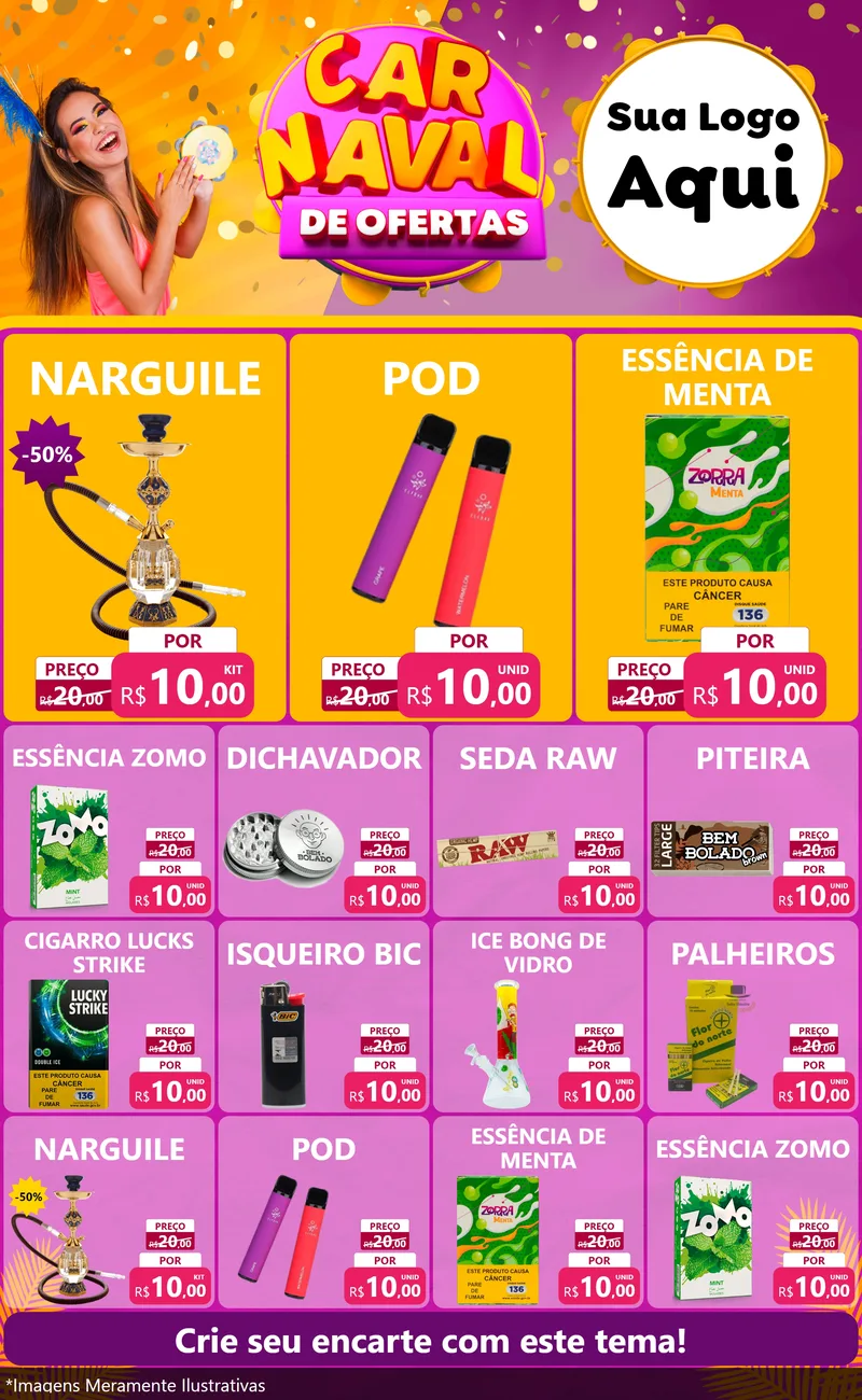 Modelo de Encarte para Encarte Grande com o tema Carnaval de Ofertas para Tabacaria