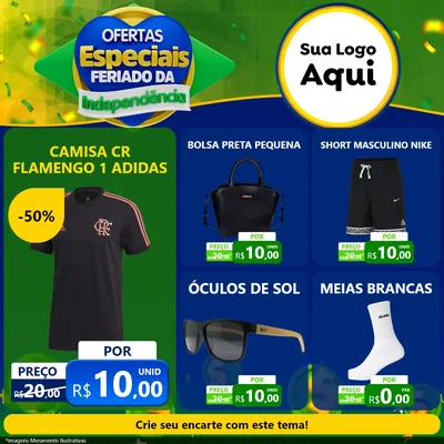 Modelo de Rede Social para Feed Facebook com o tema Ofertas Especiais Feriado da Independência para Roupas e acessórios