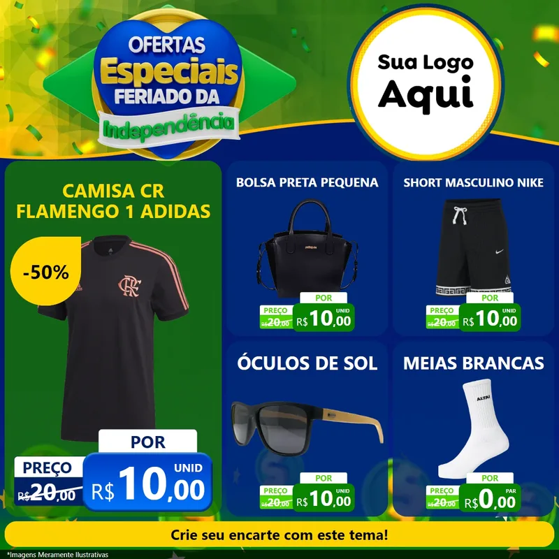 Modelo de Rede Social para Feed Facebook com o tema Ofertas Especiais Feriado da Independência para Roupas e acessórios