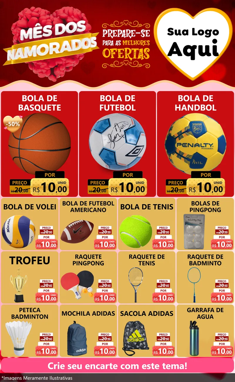 Modelo de Encarte para Encarte Grande com o tema Mês dos Namorados para Artigos Esportivos