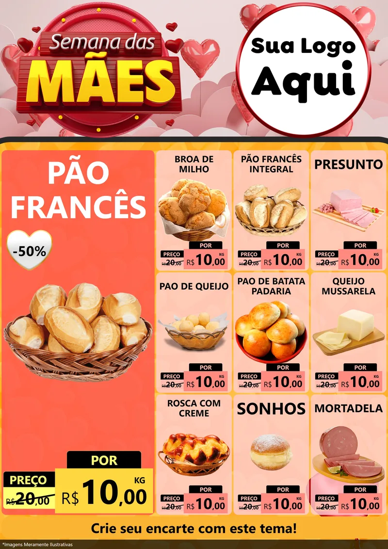 Modelo de Encarte para Encarte A4 Vertical com o tema Semana das Mães para Padaria