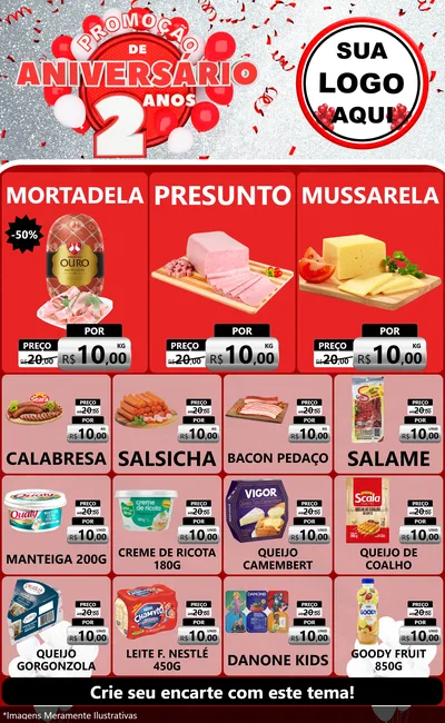 Modelo de Encarte para Encarte Grande com o tema Promoção de Aniversário - 2 Anos para Frios e Laticínios