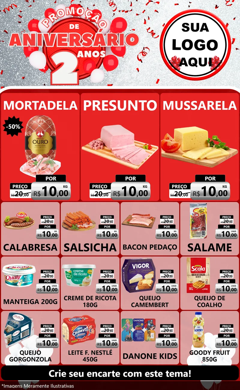 Modelo de Encarte para Encarte Grande com o tema Promoção de Aniversário - 2 Anos para Frios e Laticínios