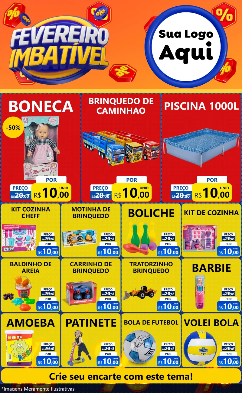 Modelo de Encarte para Encarte Grande com o tema Fevereiro Imbatível para Brinquedos