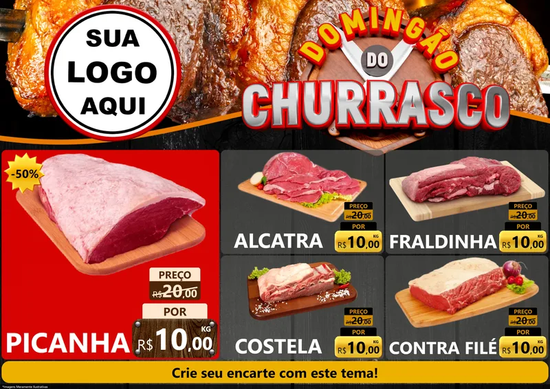 Modelo de Encarte para Encarte A4 Horizontal com o tema Domingão do Churrasco para Açougue