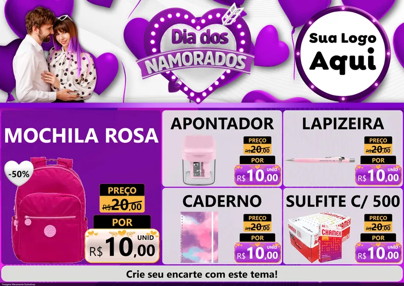 Modelo de Encarte para Encarte A4 Horizontal com o tema Dia dos Namorados para Papelaria