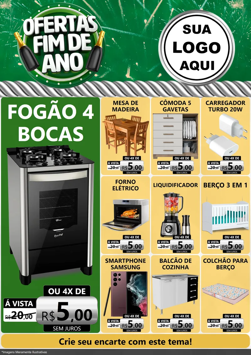 Modelo de Encarte para Encarte A4 Vertical com o tema Ofertas Fim de Ano para Móveis e Eletro