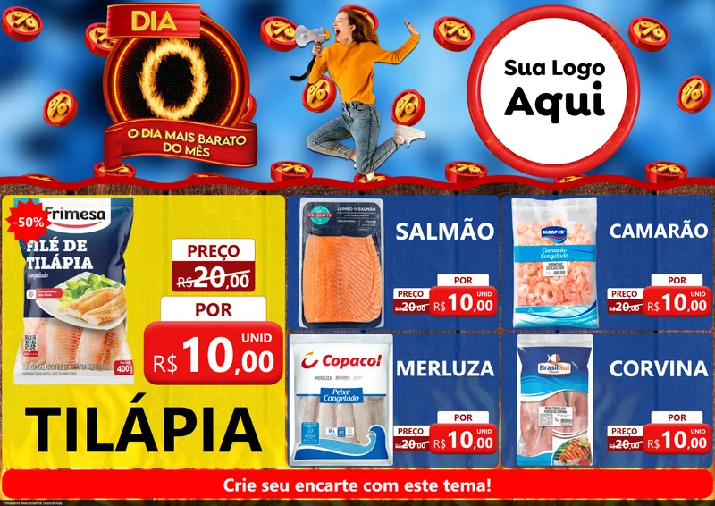 Modelo de Encarte para Encarte A4 Horizontal com o tema Dia O - O Dia Mais Barato Do Mês para Peixaria