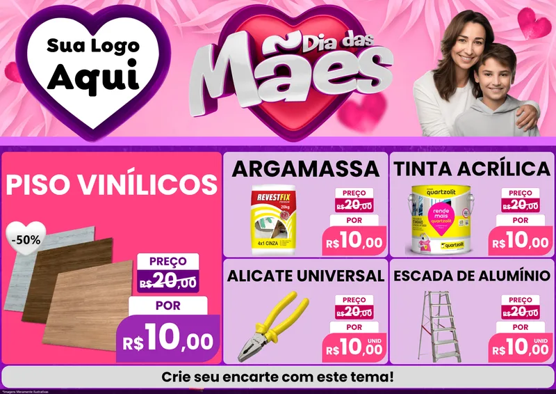 Modelo de Encarte para Encarte A4 Horizontal com o tema Dia das Mães para Material para Construção