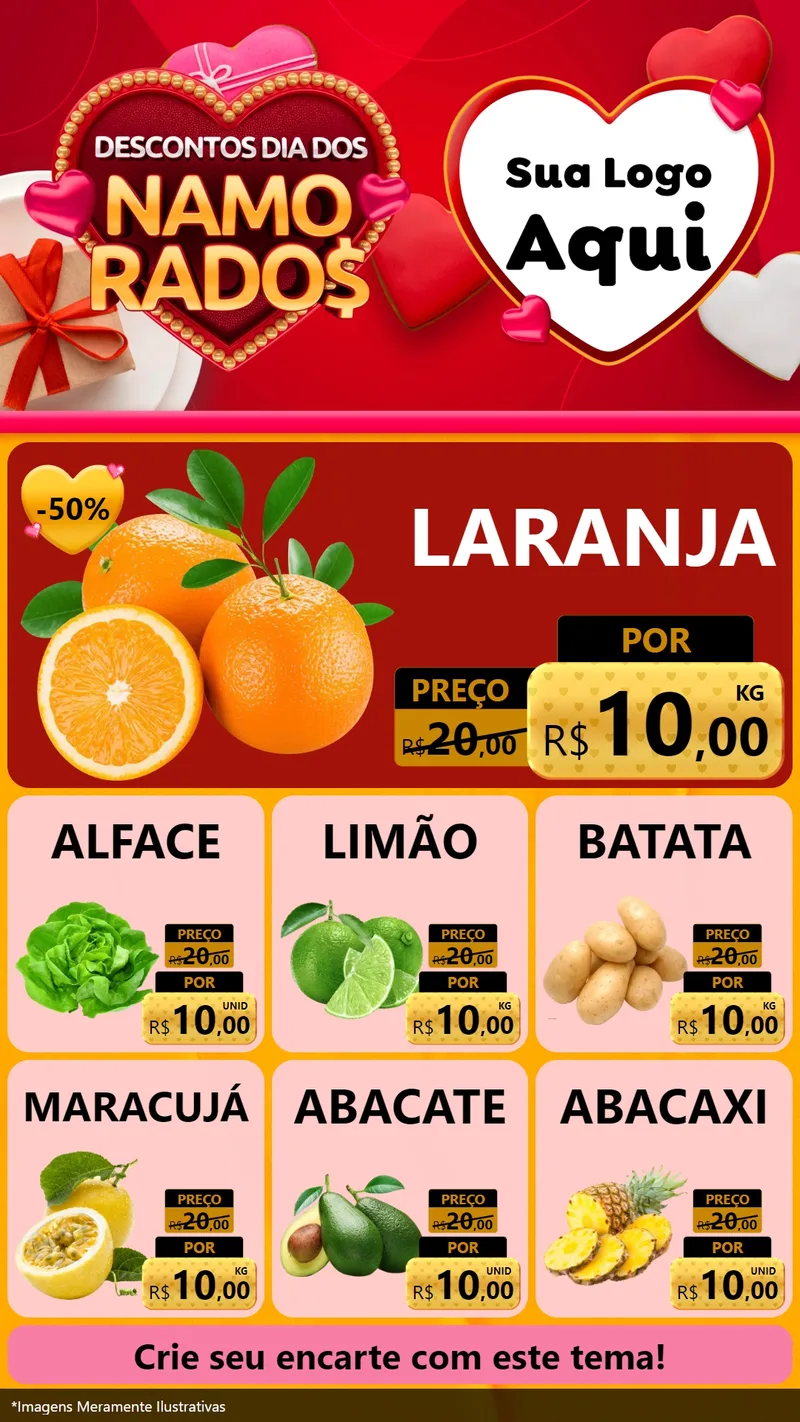 Modelo de Rede Social para Stories com o tema Descontos Dia dos Namorados para Hortifrúti